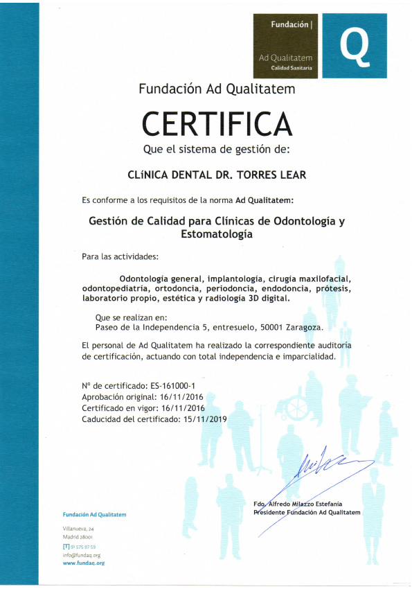Certificado de Calidad Sanitaria - Clínica dental Torres
